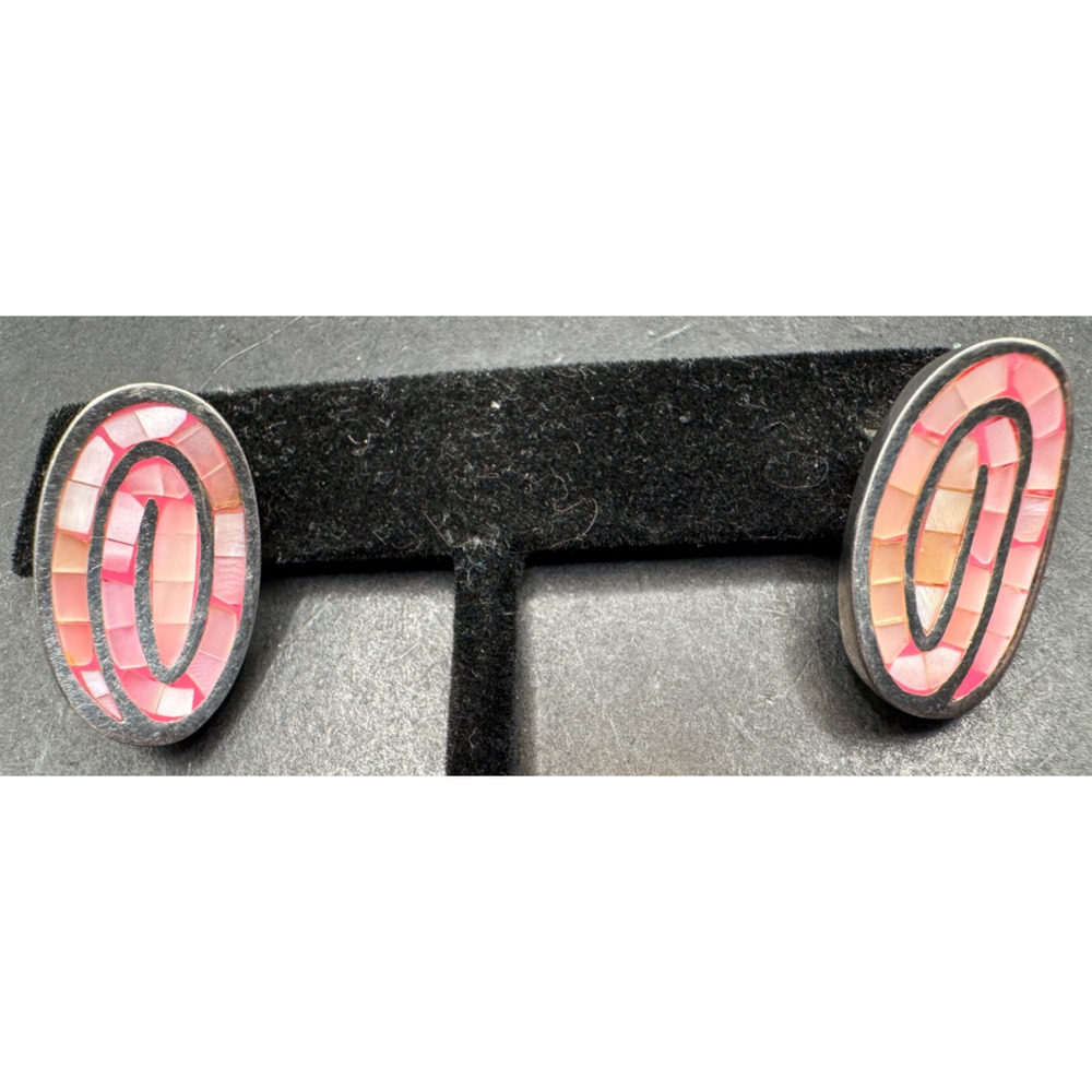 Vintage ATI Signed Sterling Silver 925 Shell Pink Mosaic Oval Stud Earrings